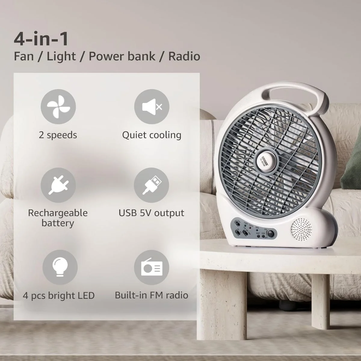 10" 2 Speed Rechargeable Cooling Fan AC/DC Radio USB 5V LED 110 -240 Volts - Image 6
