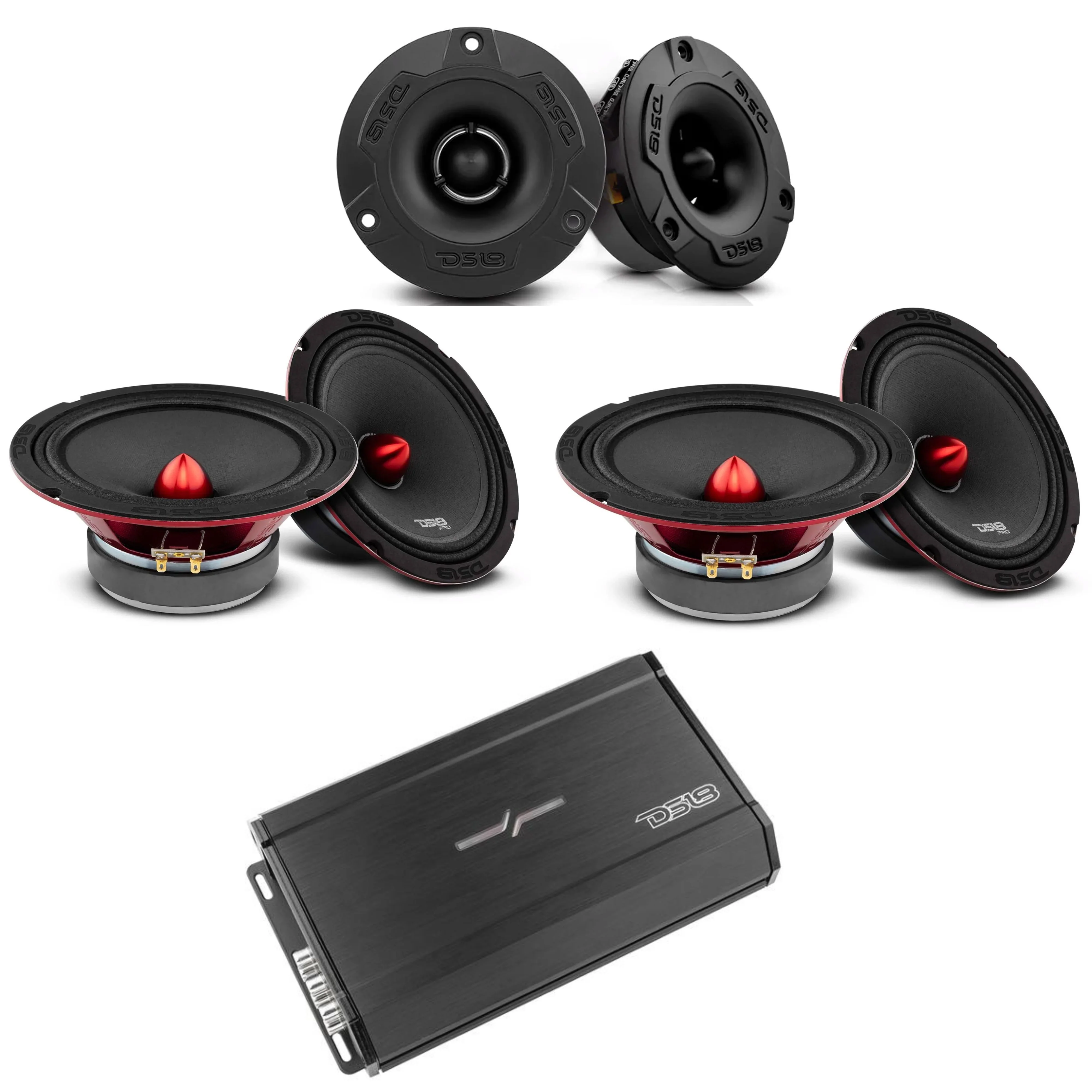 4x DS18 8" 4 Ohm Midrange Loudspeakers w/ Pair of 1" Bullet Tweeters + Amp Pack