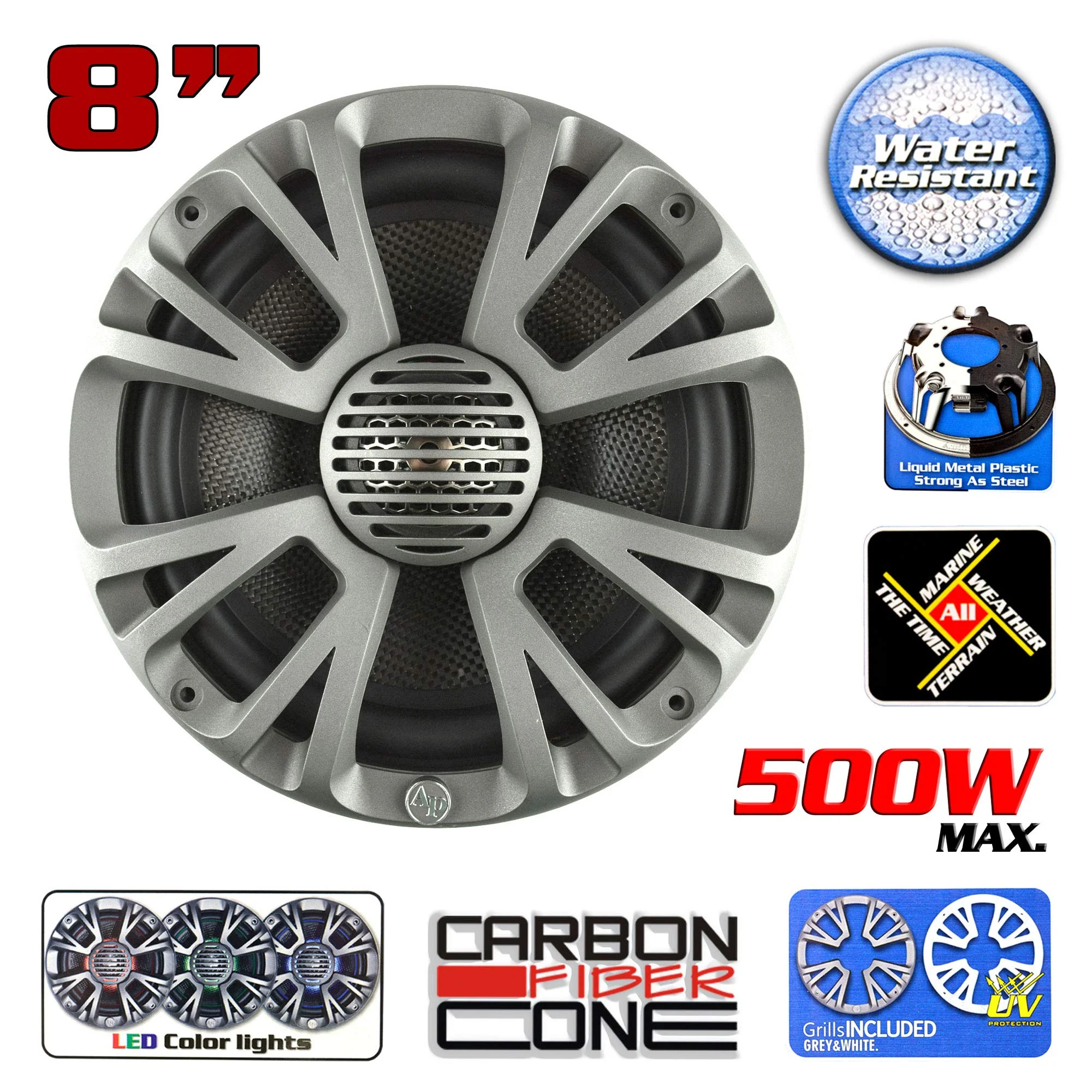 8" Coaxial 250W RMS 4-Ohm 2-Way Marine Speakers w/ LED Lights Audiopipe OPEN BOX - Image 7