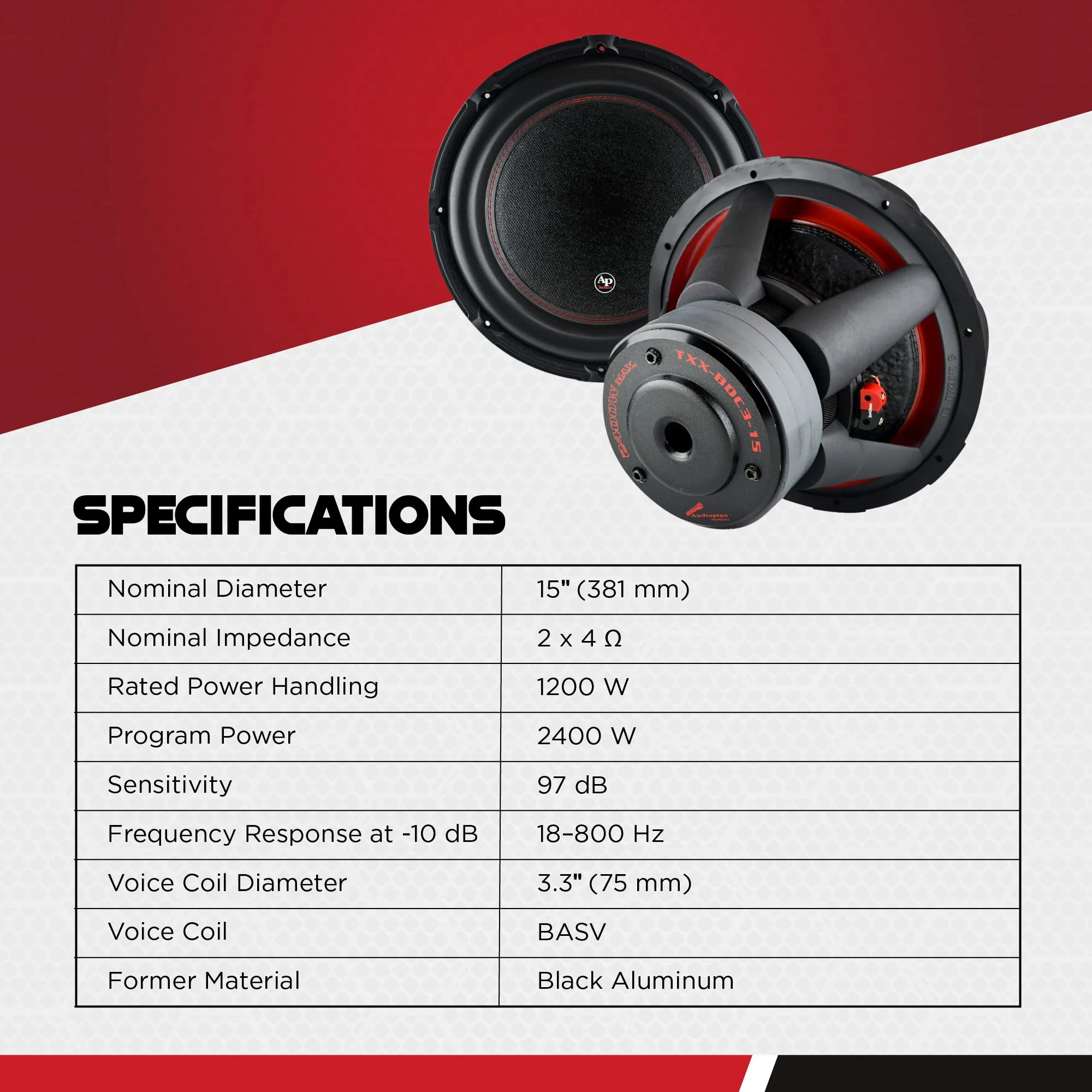 Audiopipe BD Series 15" Subwoofer - 2400W PMPO, 1200W RMS, Dual 4-Ohm Voice Coil - Image 4