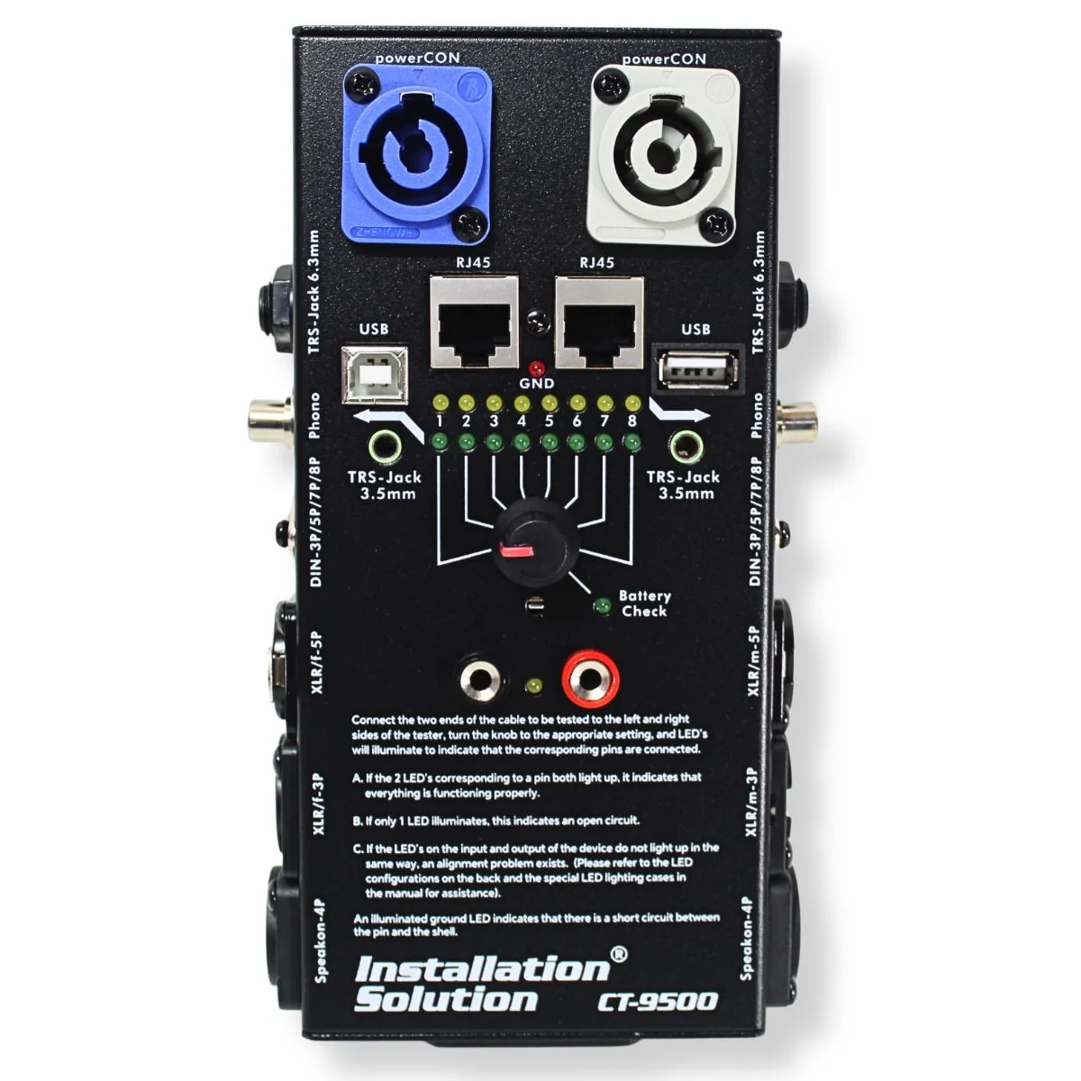 CT-9500 Universal Cable Tester for XLR, TRS, RCA, RJ45, USB, and SpeakON Cables - Image 2