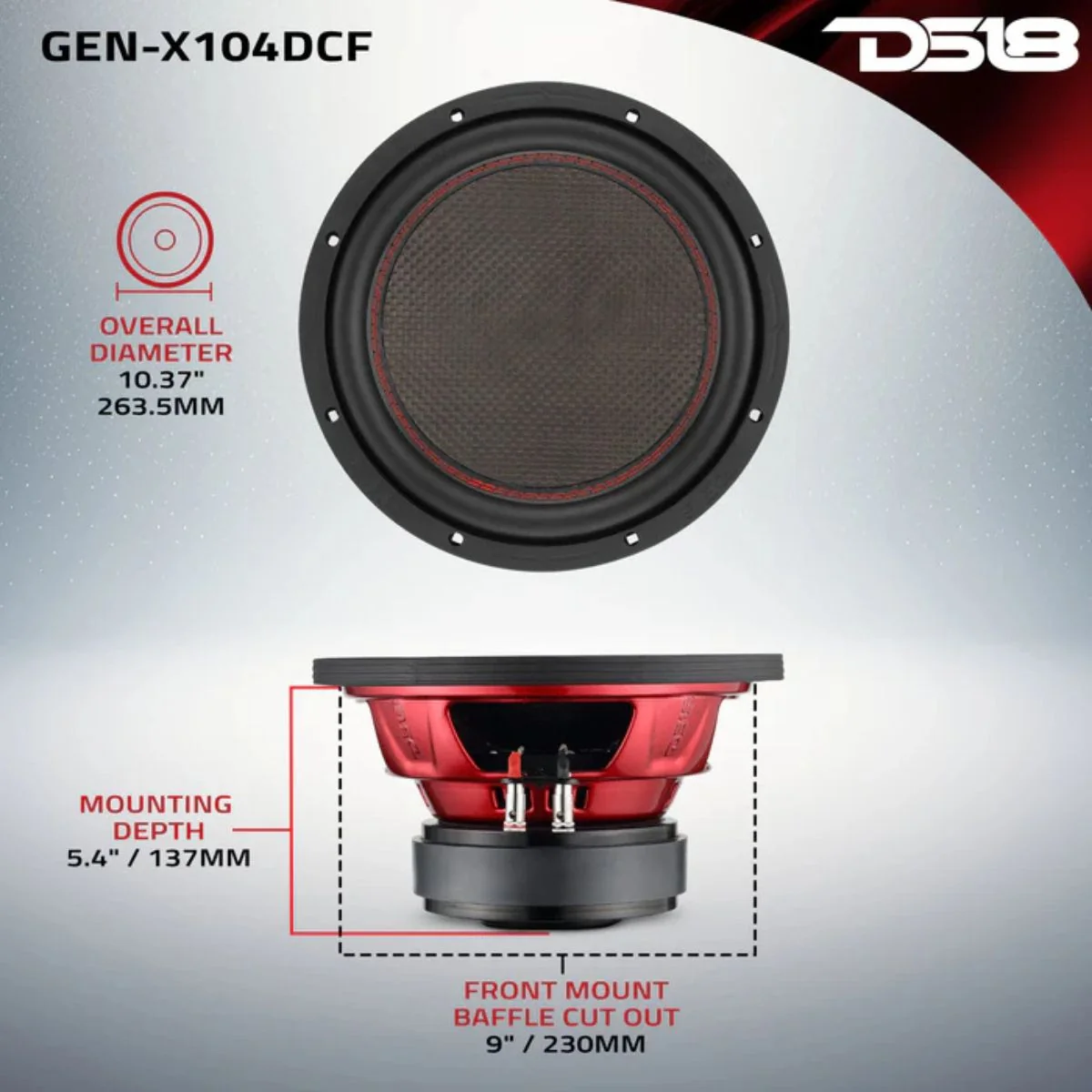 DS18 10" 600 Watt RMS Dual 4 Ohm Carbon Fiber Dust Cap Subwoofer GEN-X104DCF - Image 7