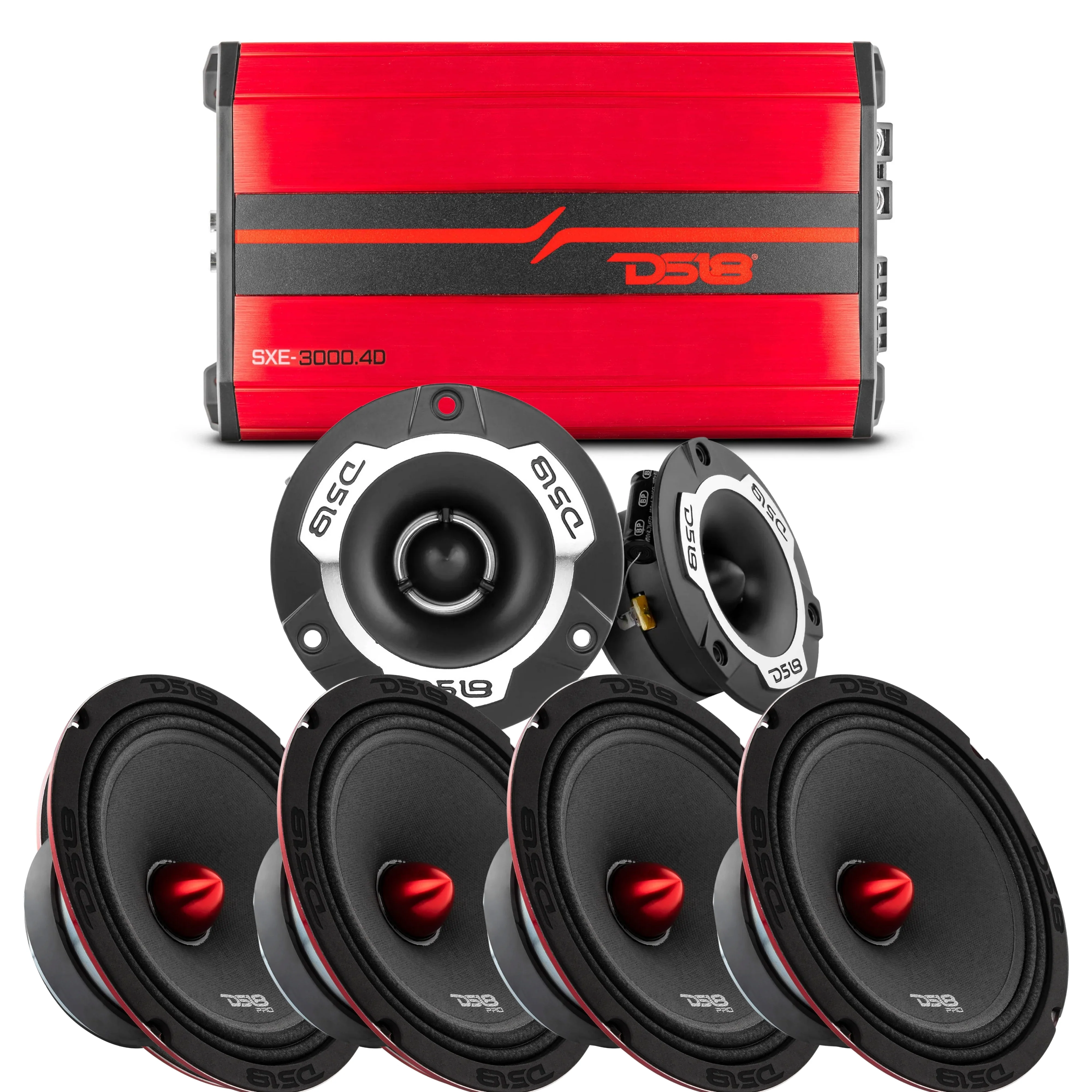 DS18 Red 3000W 4 Channel Amp 4x 3200W PRO-X8.4BM 2x 240W TWX1 Super Tweeters