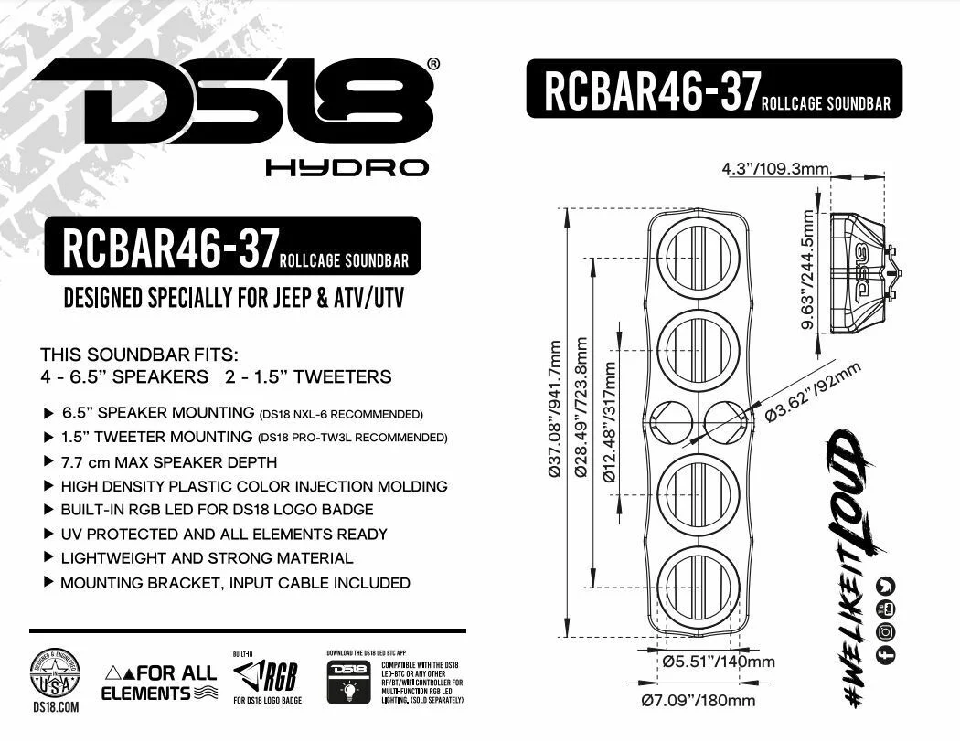 37" 4x 6.5" + 2x 3.78" Universal Roll Cage Speaker Enclosure | DS18 RCBAR46-37 - Image 5