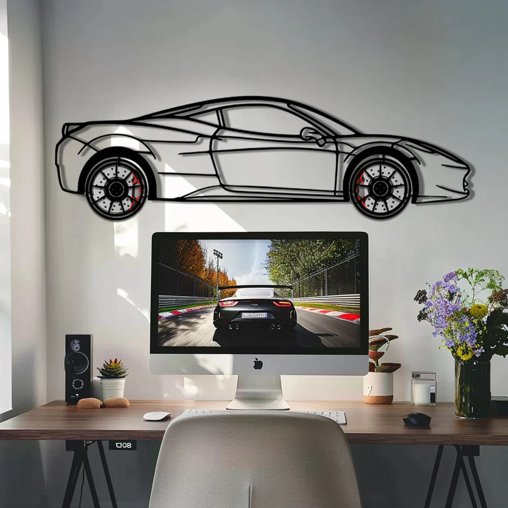 Ferrari 458 Italia Metal Car Wall Art with Rotating Wheels - V8 Supercar Silhouette Decor - Interactive Automotive Wall Art - KAFMEKA124 - Image 10