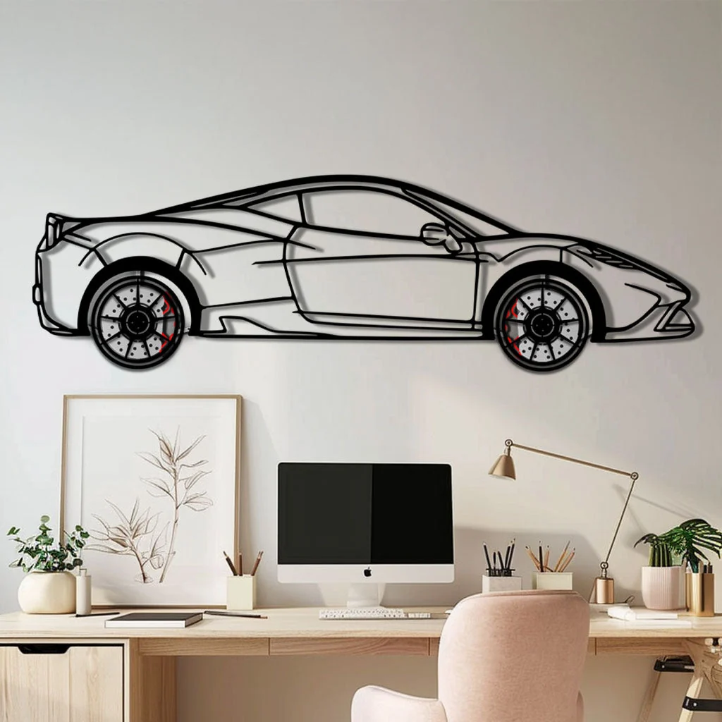 Ferrari 458 Speciale Metal Car Wall Art with Rotating Wheels - Track-Focused V8 Silhouette - Interactive Automotive Wall Decor - KAFMEKA125