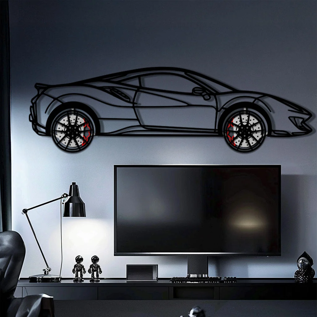 Ferrari 488 Pista Metal Car Wall Art with Rotating Wheels - Track-Focused Italian V8 Silhouette - Interactive Automotive Wall Decor - KAFMEKA128 - Image 2