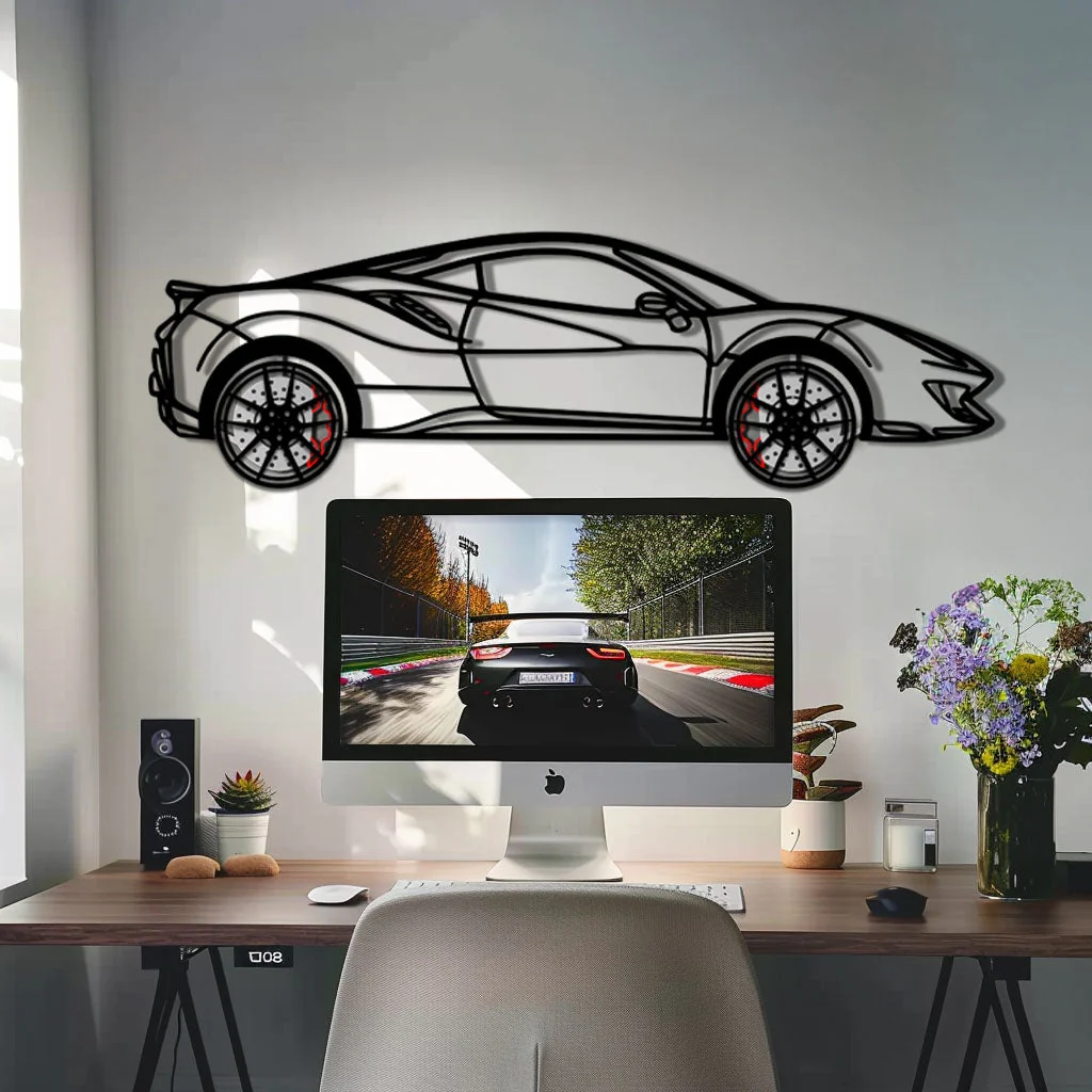 Ferrari 488 Pista Metal Car Wall Art with Rotating Wheels - Track-Focused Italian V8 Silhouette - Interactive Automotive Wall Decor - KAFMEKA128 - Image 9