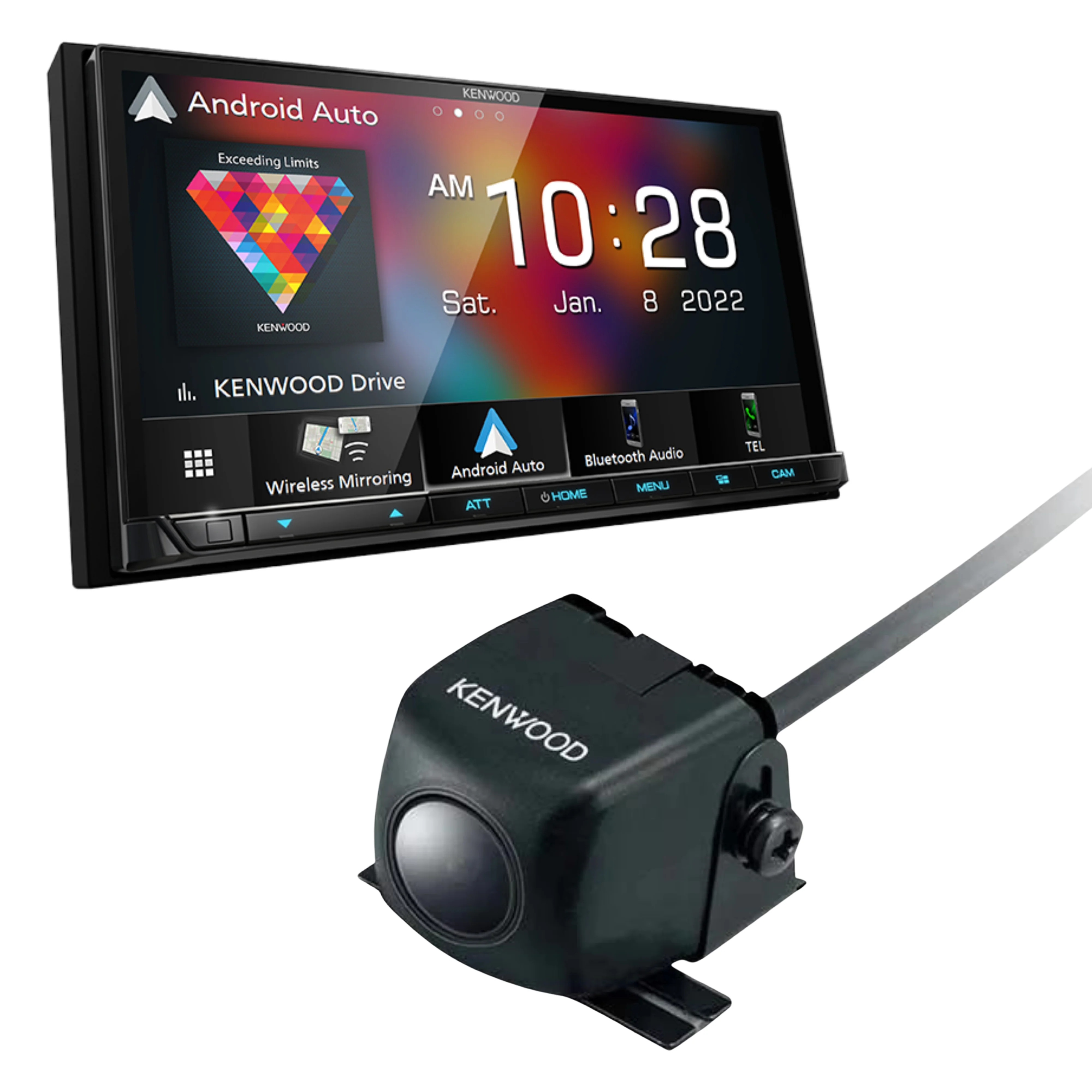 Kenwood CarPlay/Android Auto Receiver DMX9708S Plus Kenwood Rear-View Camera CMOS-230