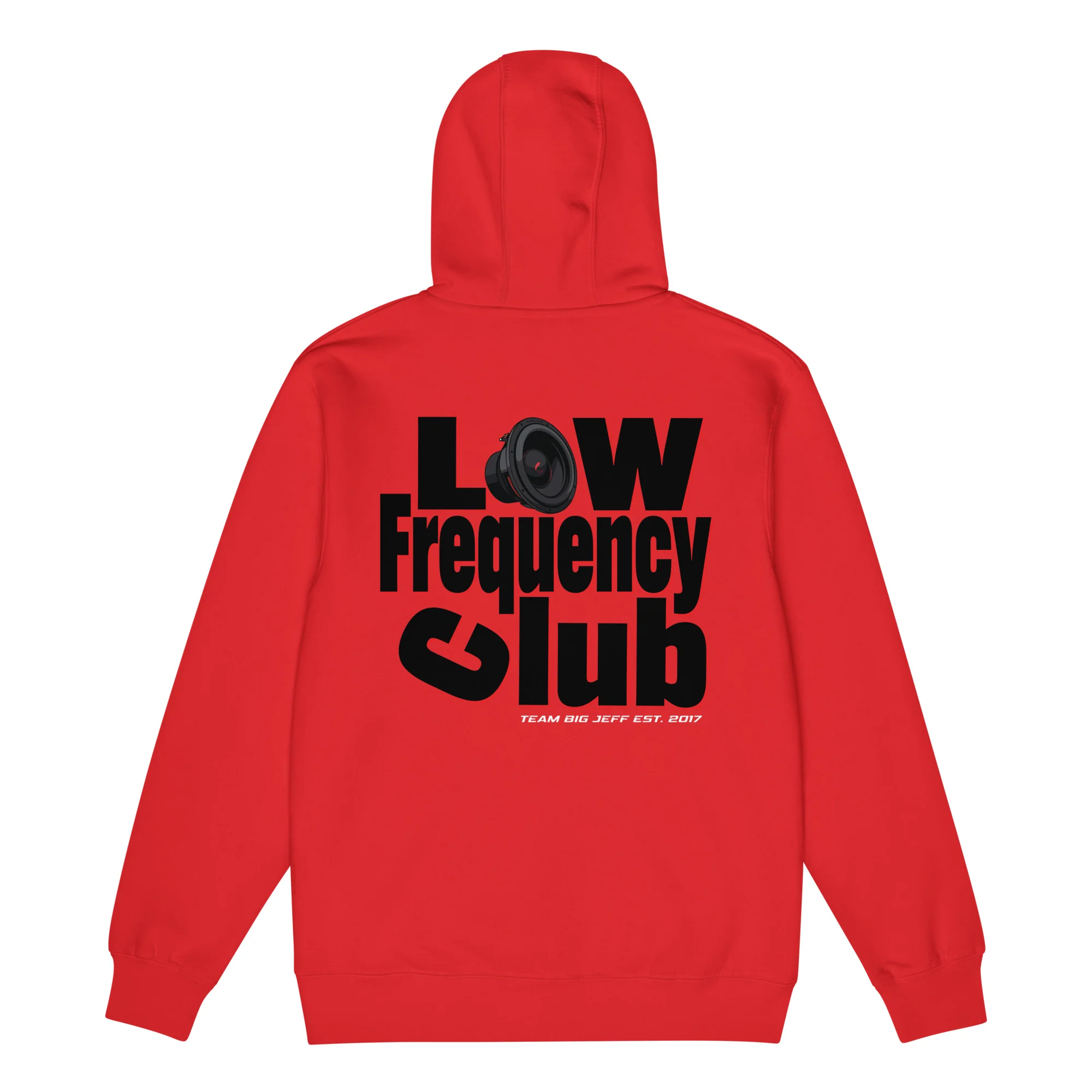 Low Frequency Club Zip Hoodie | Red Basshead Hoodie | Big Jeff Audio - Image 4