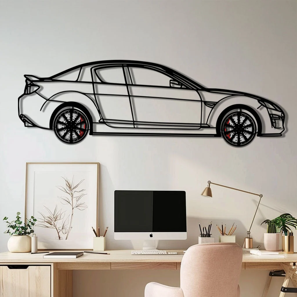 Mazda RX-8 Metal Car Wall Art with Rotating Wheels - Rotary Engine Silhouette - Interactive JDM Automotive Wall Decor - KAFMEKA148