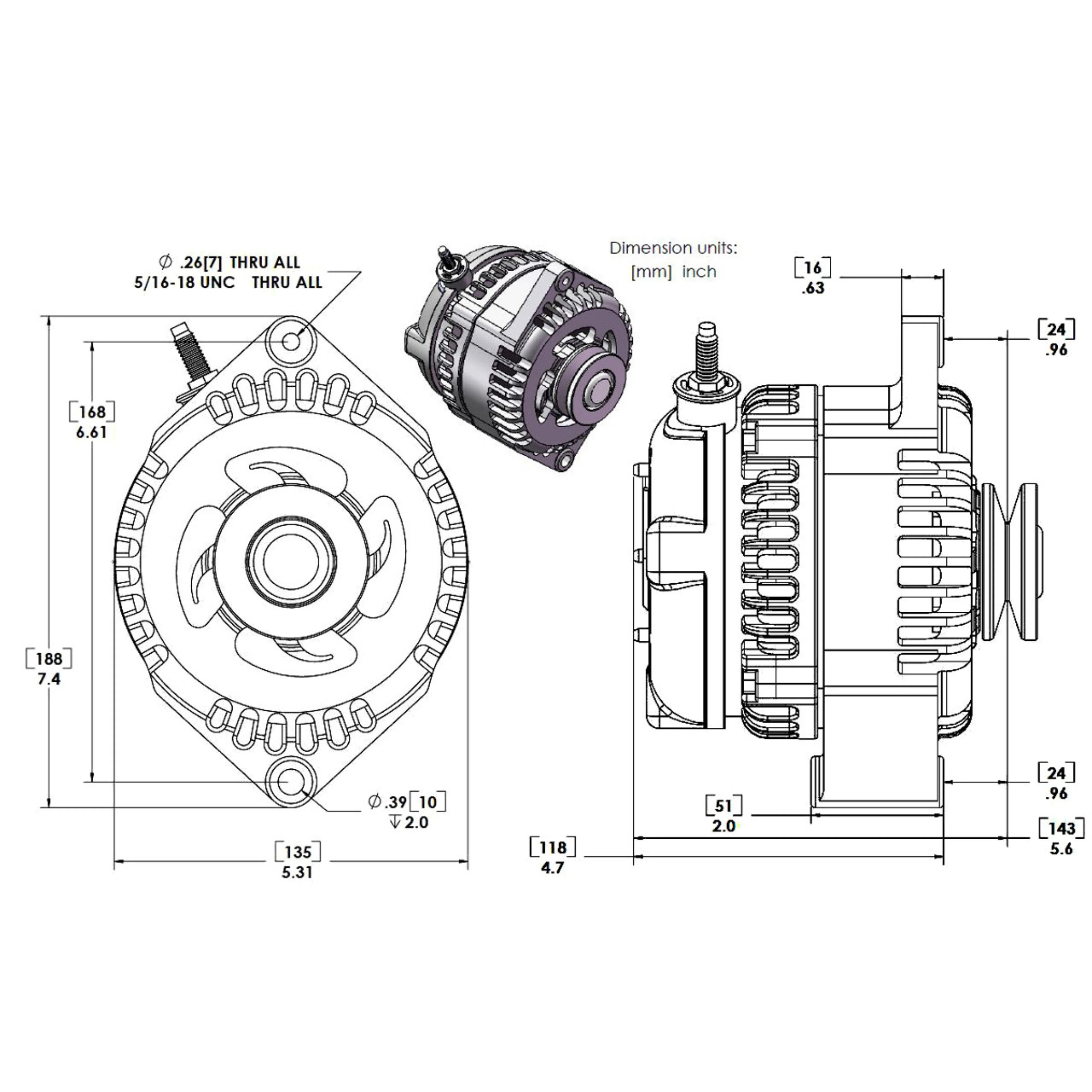 Mechman S-Series 170 Amp Racing Alternator 63 - 85 GM Black Finish 7127170B - Image 2