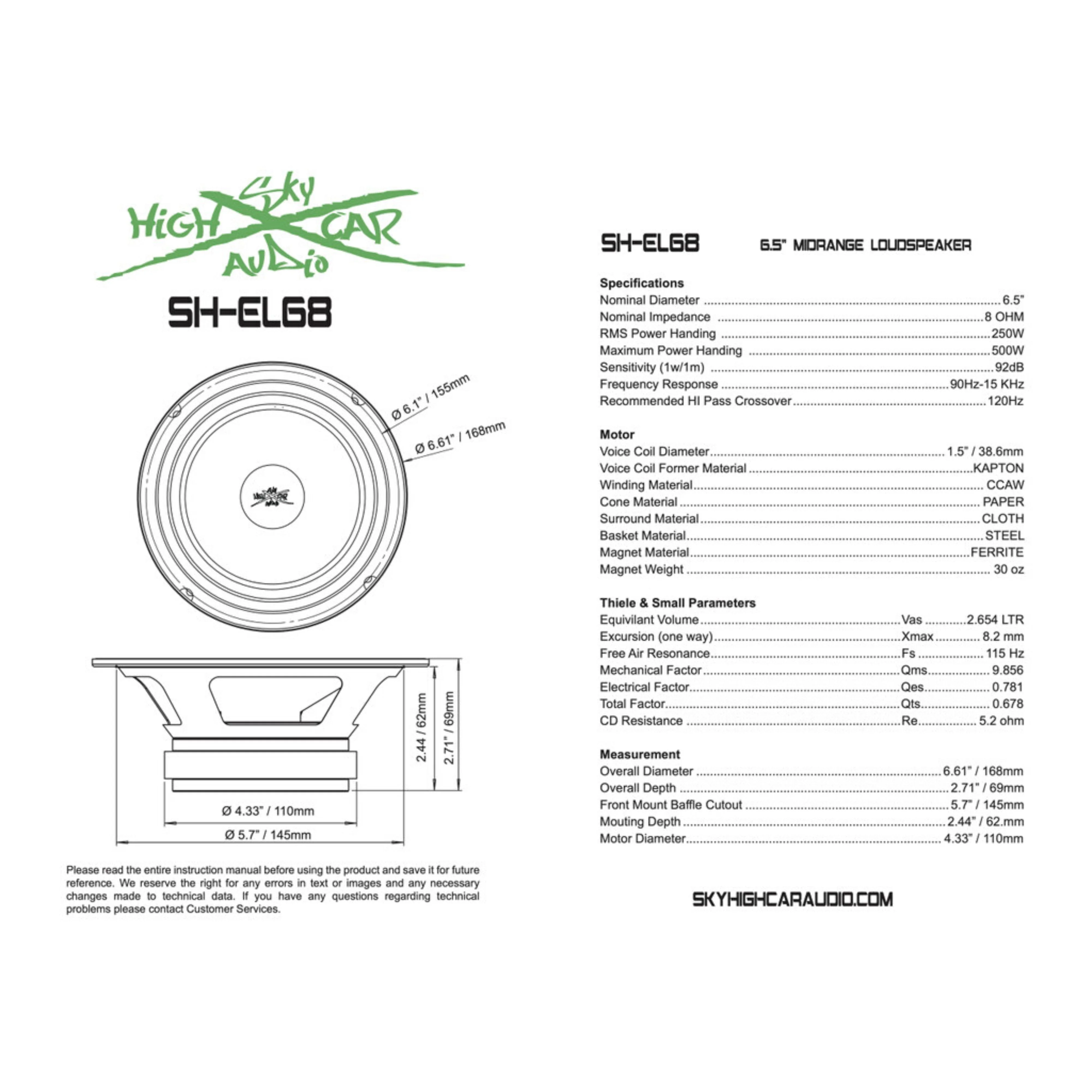 Sky High Pro Car Audio 6.5" Midrange Midbass Loudspeaker 500W 8 Ohm SH-EL68 - Image 3